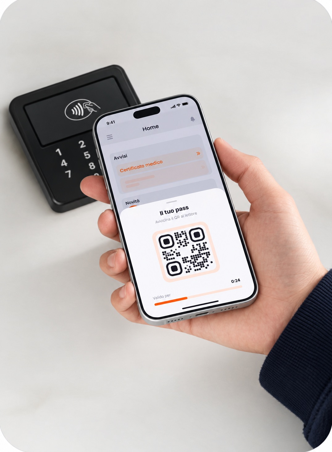 Pass QR nell'App APP Palestre davanti al lettore